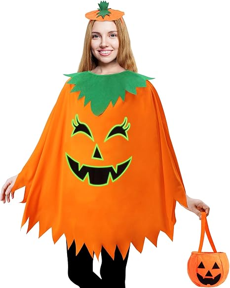 3 Pcs Pumpkin Costume for Adult,Glow in the Dark Pumpkin Costume Women with Headband/Bag,Pumpkins Halloween Costume Dress Up