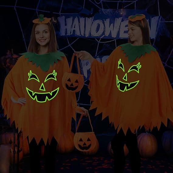3 Pcs Pumpkin Costume for Adult,Glow in the Dark Pumpkin Costume Women with Headband/Bag,Pumpkins Halloween Costume Dress Up