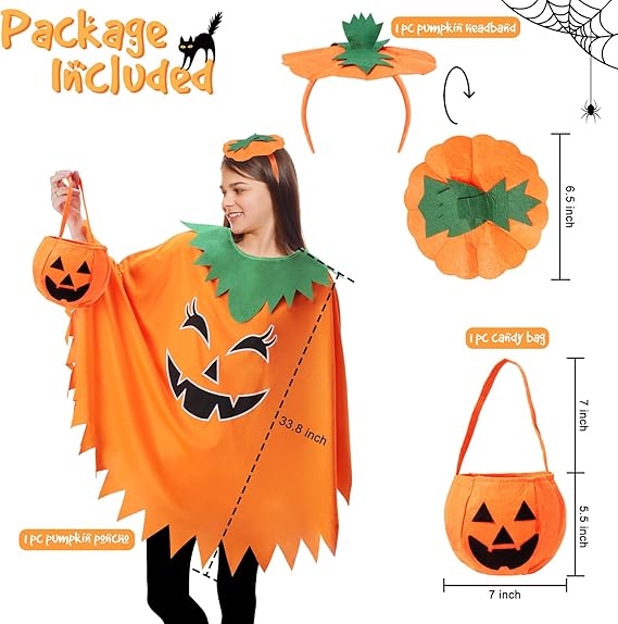 3 Pcs Pumpkin Costume for Adult,Glow in the Dark Pumpkin Costume Women with Headband/Bag,Pumpkins Halloween Costume Dress Up