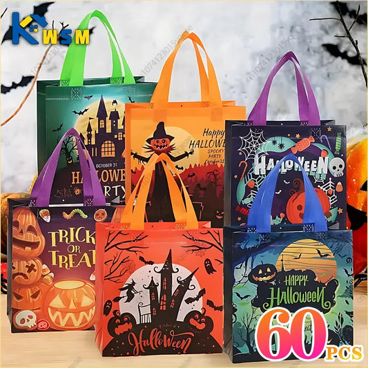 1-60PCS Halloween Candy Gift Bags Halloween Trick or Treat Bags Halloween Tote Bag with Handle Halloween Party Kids Gift Bags